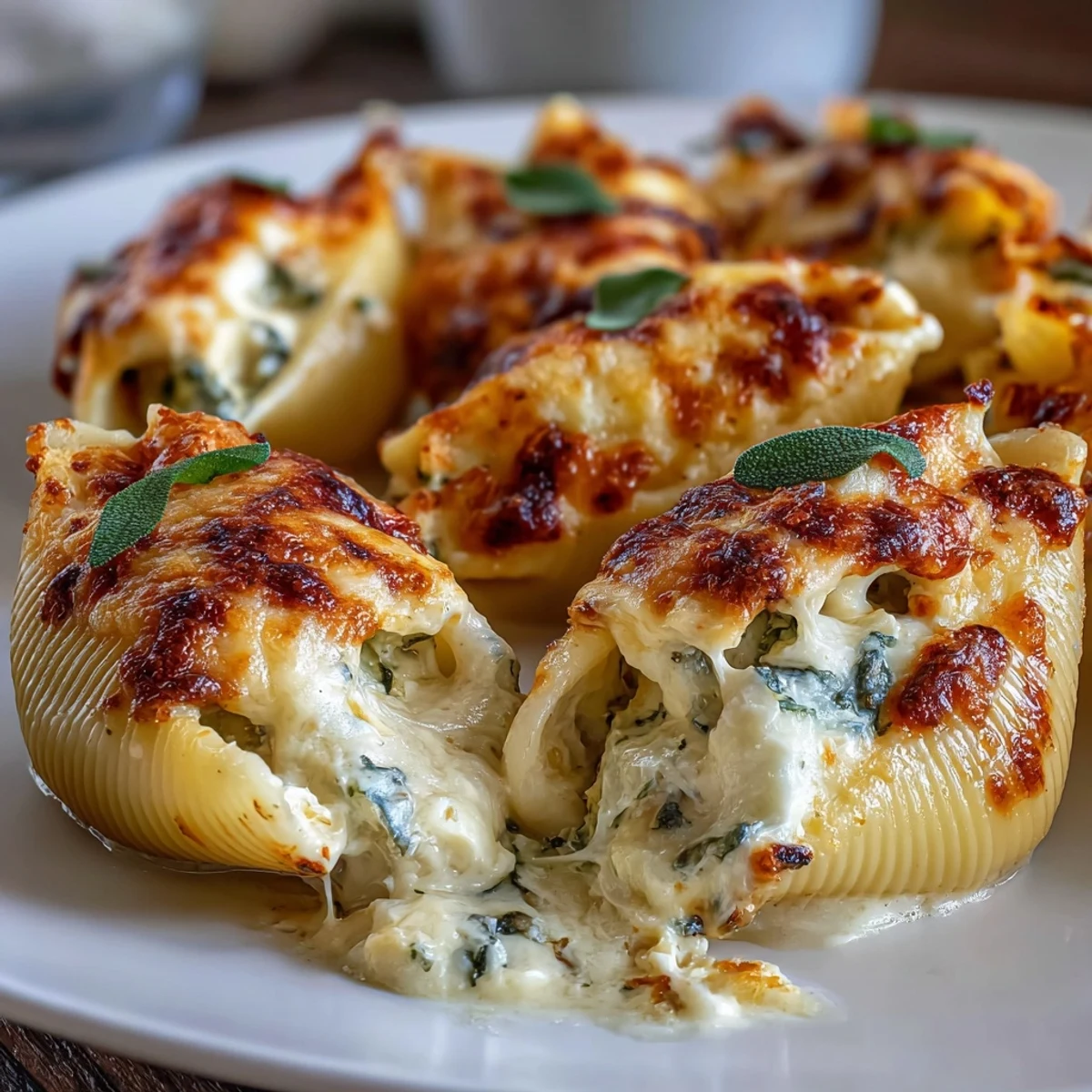 Fork-ready jumbo shells with creamy pumpkin and smoked Gouda filling in brown butter Alfredo sauce.