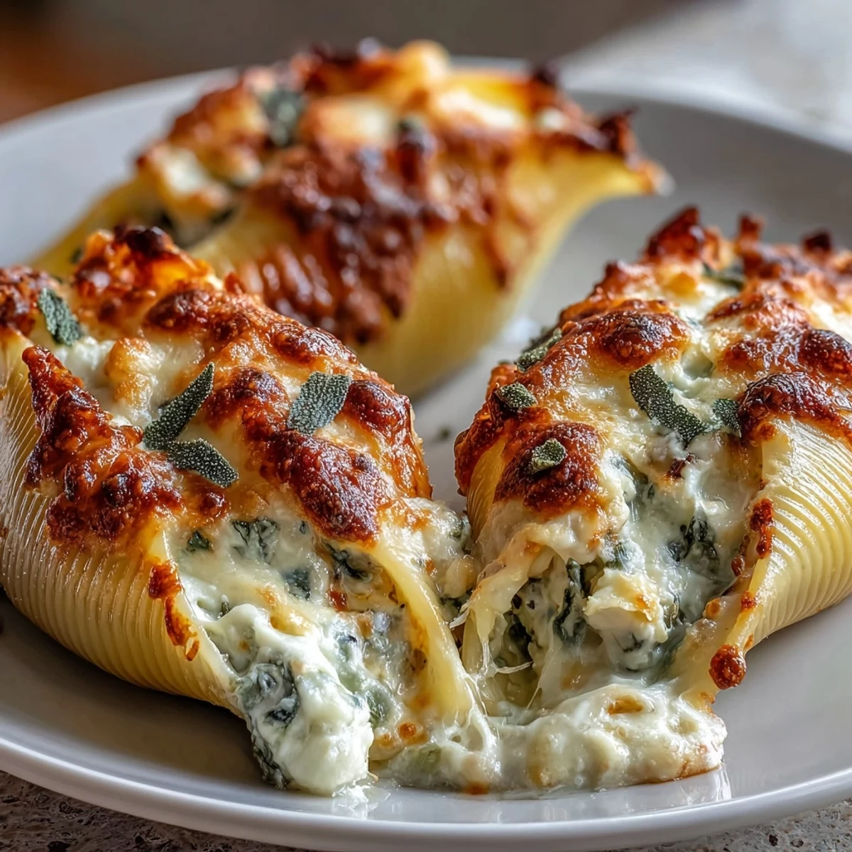 Pumpkin & Gouda Stuffed Shells plated for dinner with warm brown butter sage Alfredo sauce.