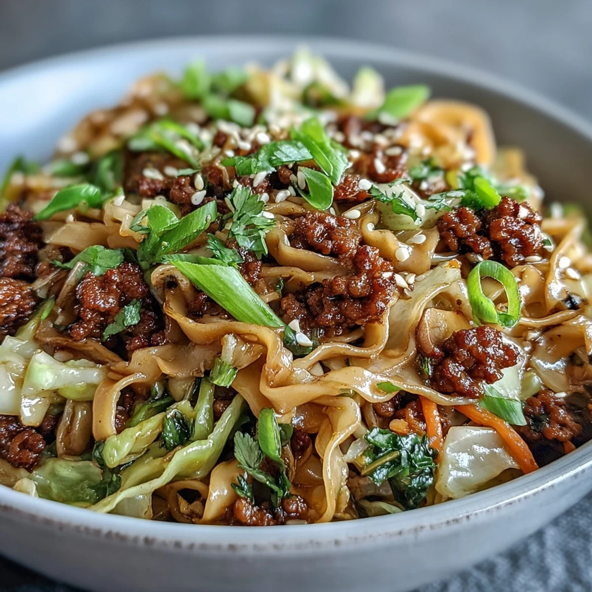 Steaming Potsticker Noodle Bowls with browned pork, crisp cabbage, and carrots are garnished with fresh cilantro and sesame seeds.