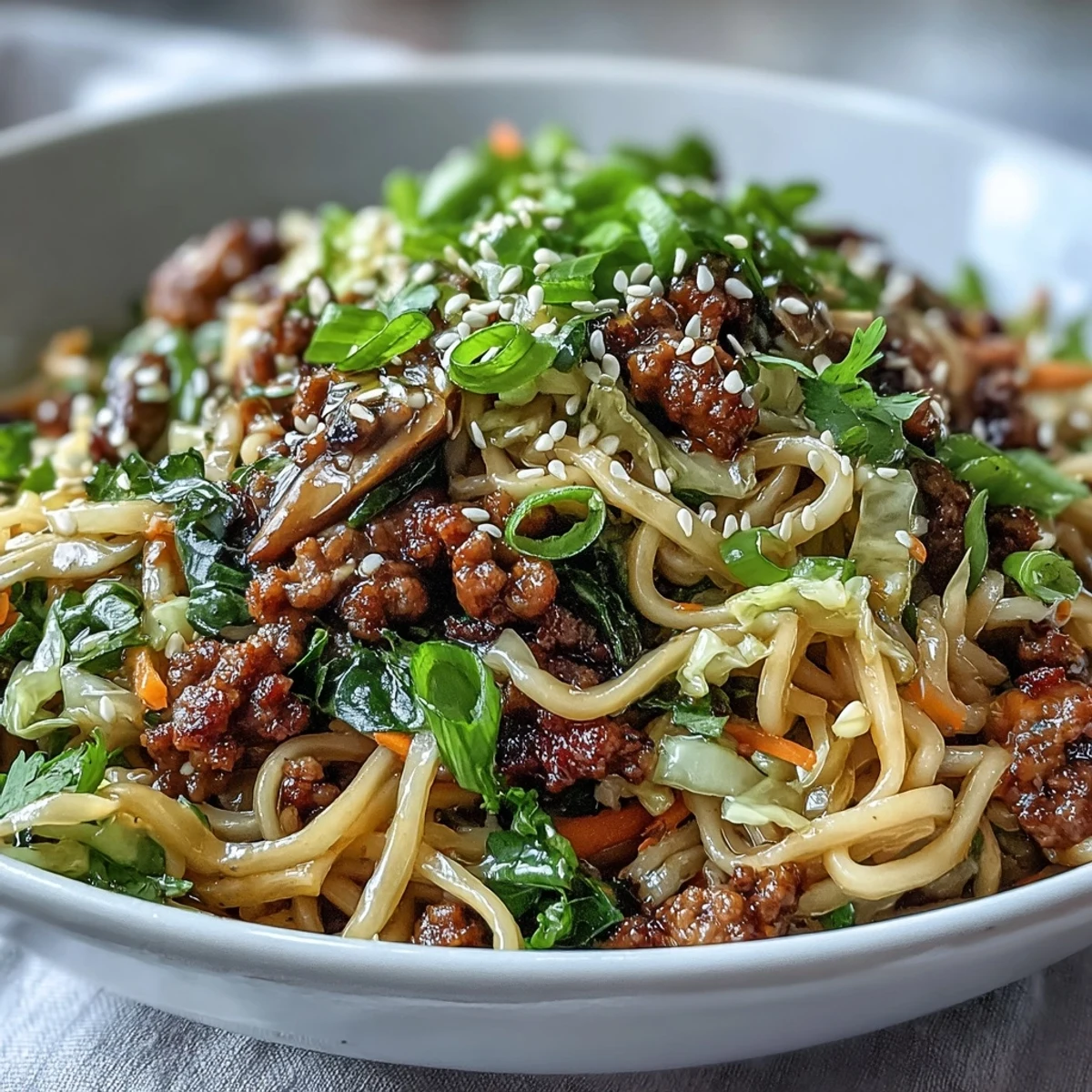 Savory Potsticker Noodle Bowls tossed with tender rice noodles, sautéed shiitake mushrooms, and green onions in a glossy, aromatic sauce.
