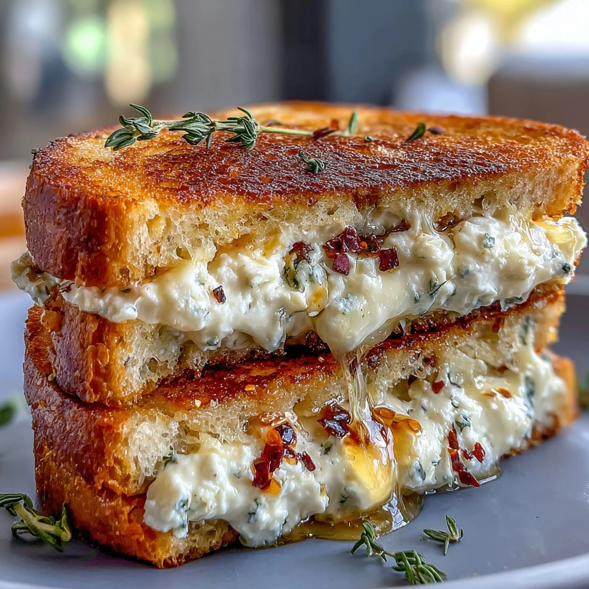 Two halves of a goat cheese grilled cheese with honey and chili flakes, melty cheese and herbs on marble.