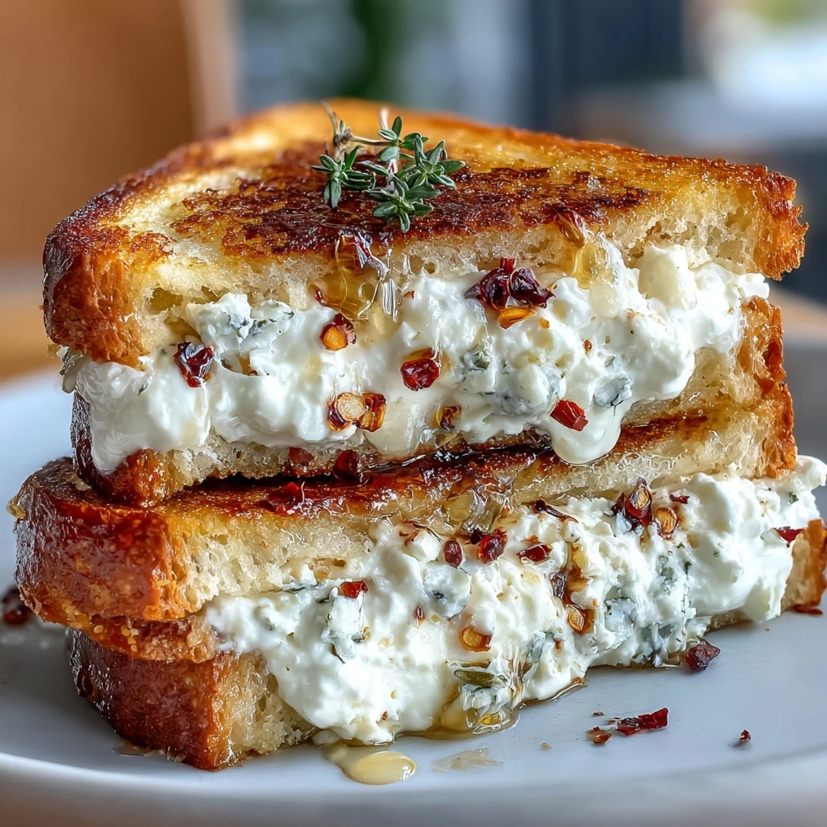 Sliced goat cheese grilled cheese with honey and chili flakes, drizzled honey, served with salad for lunch.