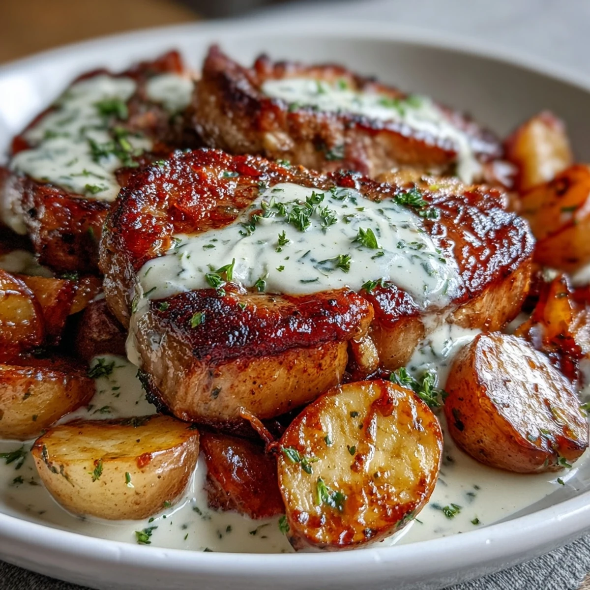 Sizzling pork chops seasoned with ranch mix, simmered with vegetables in a rich sauce, ready to serve.