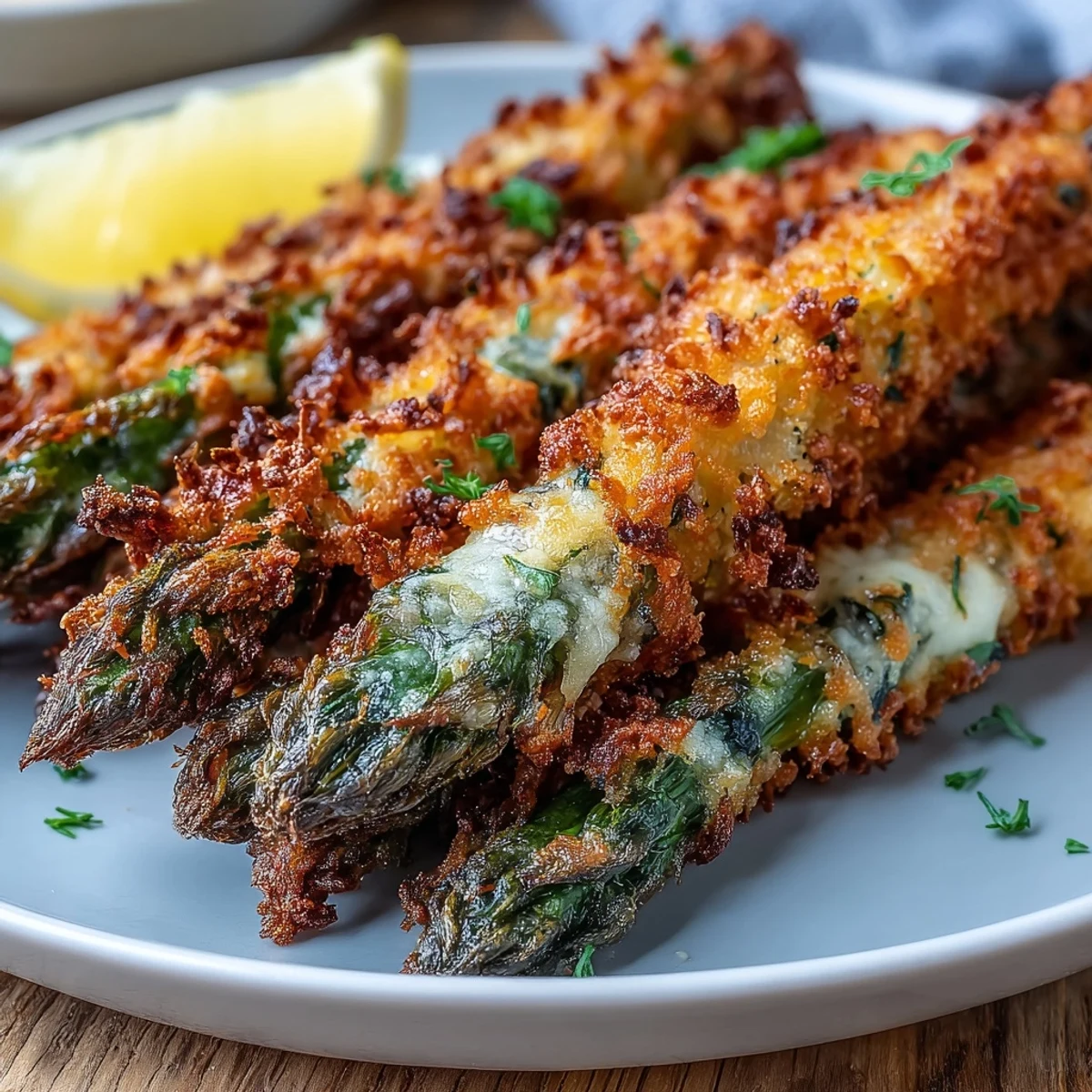 Perfectly baked Crispy Asiago Asparagus Spears garnished with fresh parsley and a pinch of paprika.