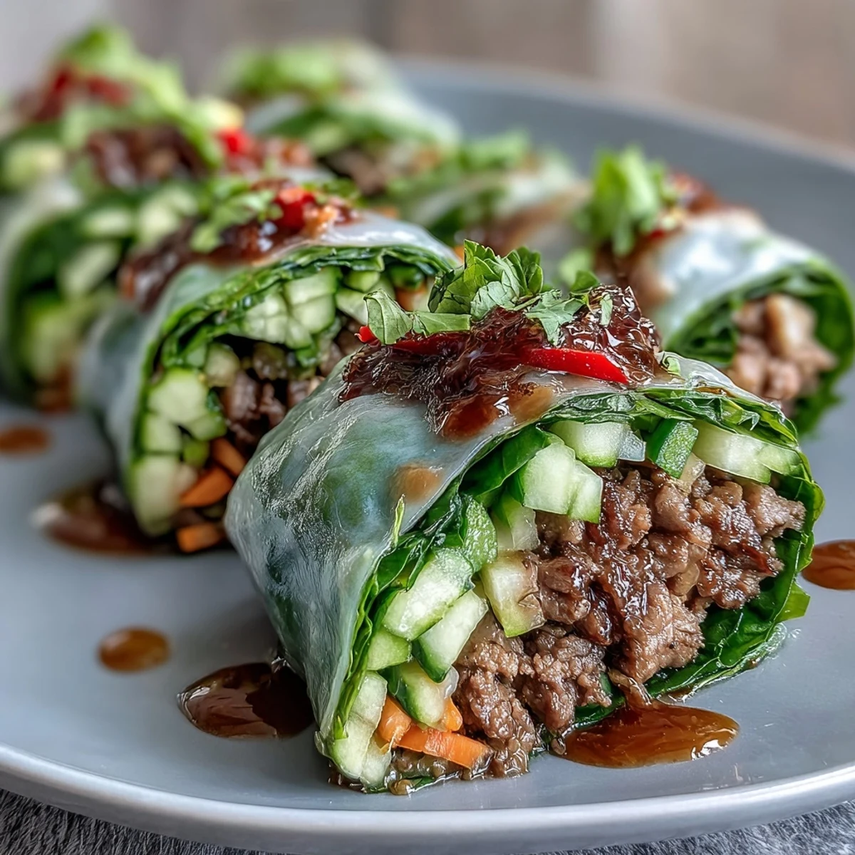 Thai Basil Beef Rolls are sliced diagonally on a white plate, revealing a colorful cross-section of herbs and savory filling.