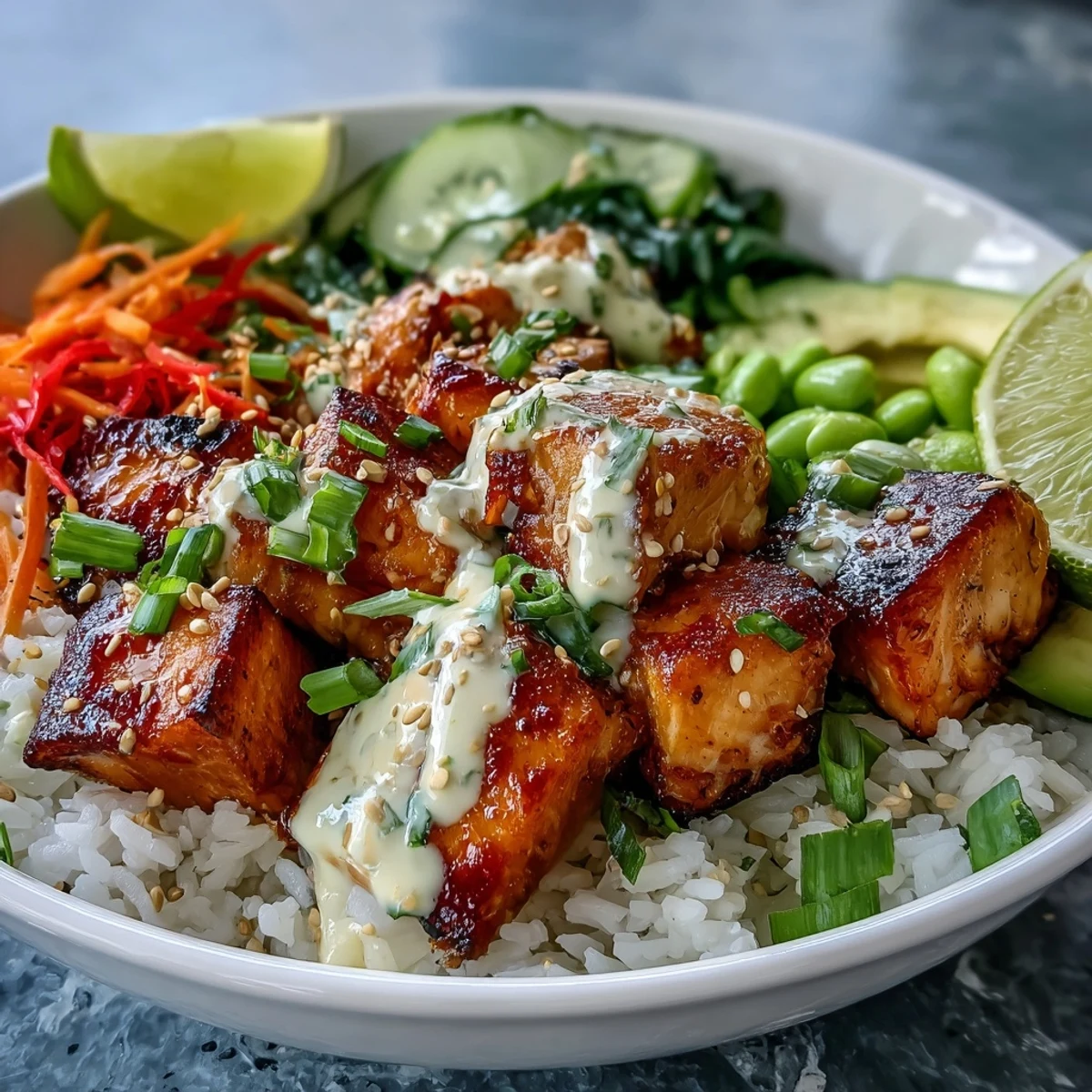 Vibrant baked salmon cubes top fluffy white rice and crisp veggies in this easy Asian-inspired bowl.