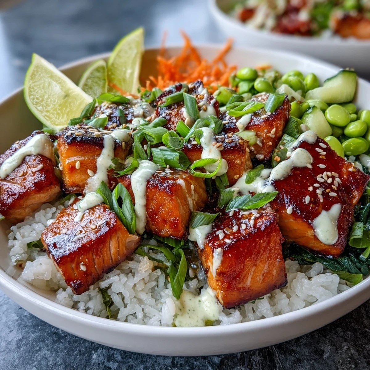 Perfectly broiled salmon sits beside avocado and edamame for a balanced, colorful dinner bowl.