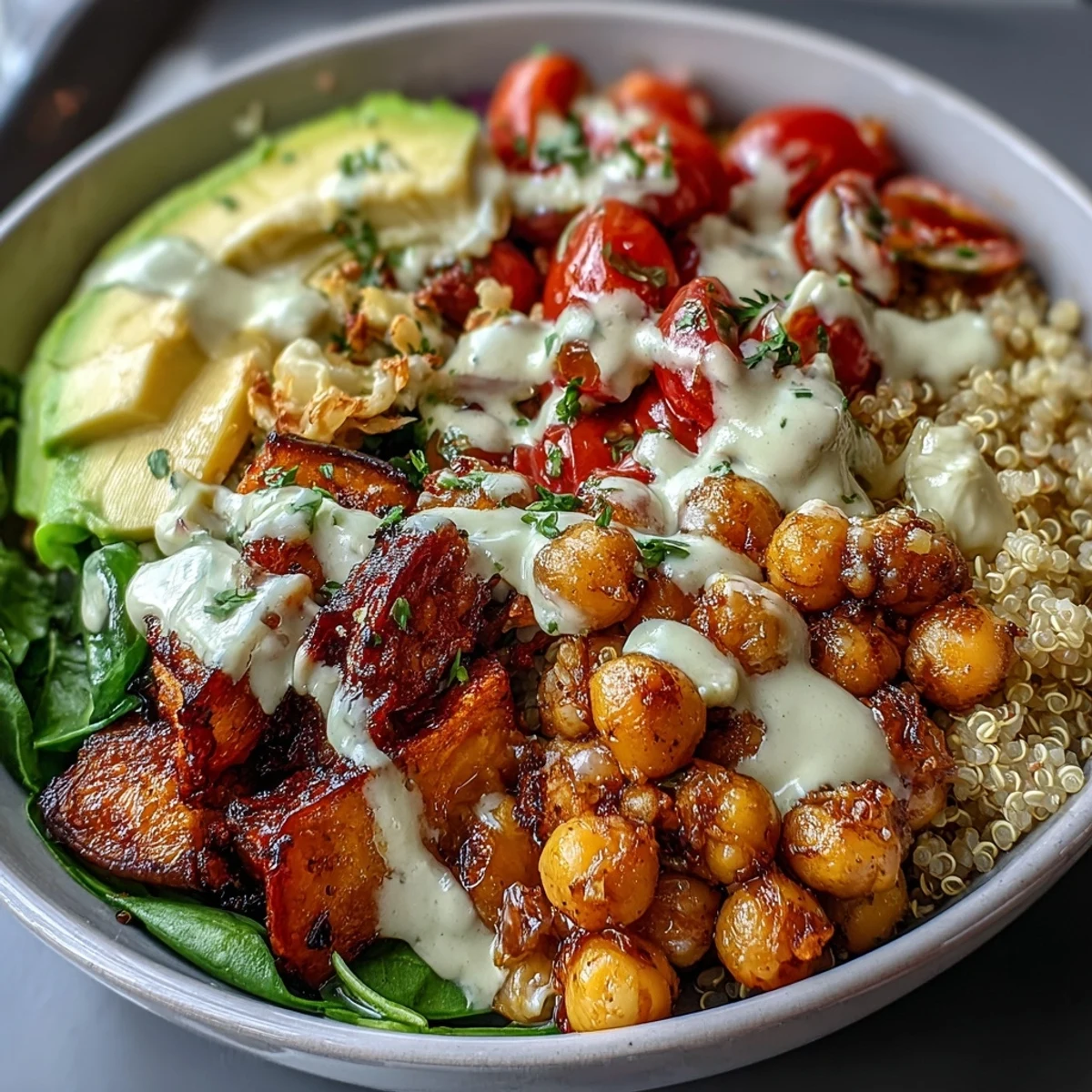 A close-up of a vibrant Buddha Bowl with Quinoa, showing golden roasted sweet potatoes, crispy chickpeas, and creamy avocado slices, all drizzled with garlic tahini dressing.