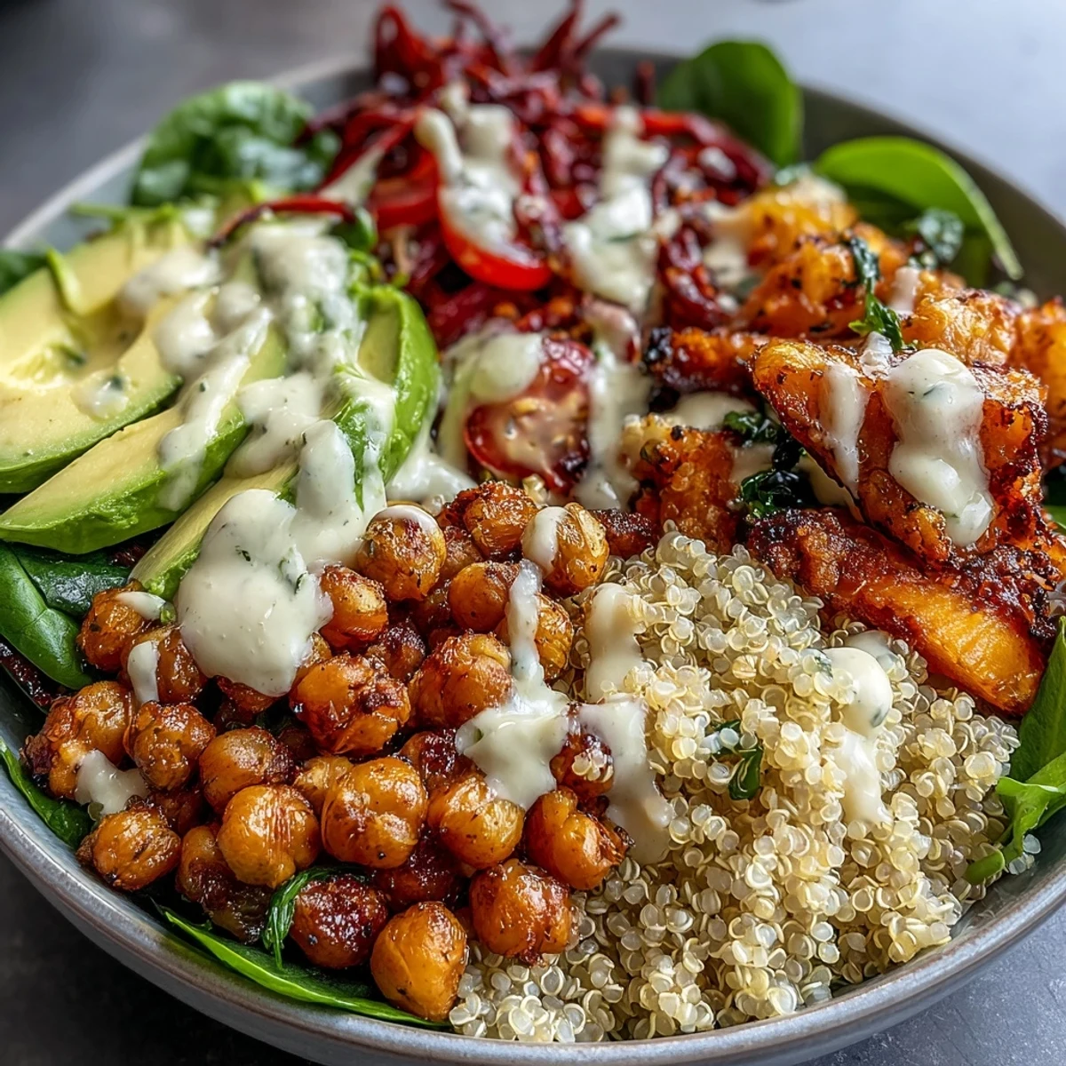 A serving of a nourishing Buddha Bowl with Quinoa, featuring fluffy grains and colorful roasted vegetables topped with a generous swirl of homemade tahini dressing.
