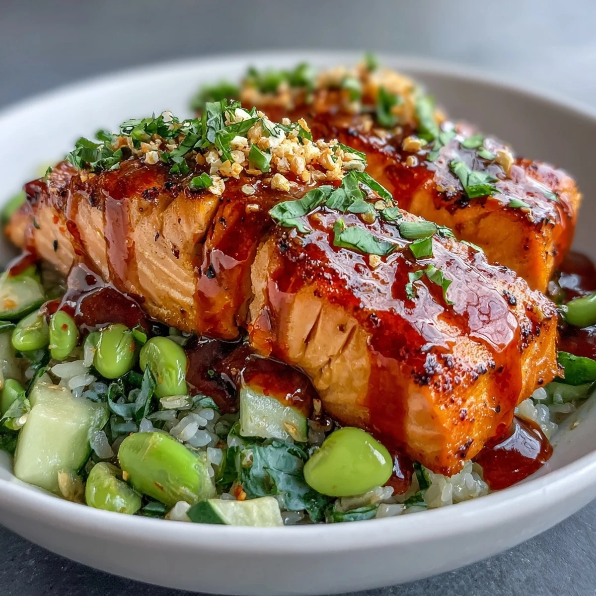Flaky baked salmon rests atop jasmine rice next to crisp cucumber-edamame salsa, all drizzled with creamy bang bang sauce.