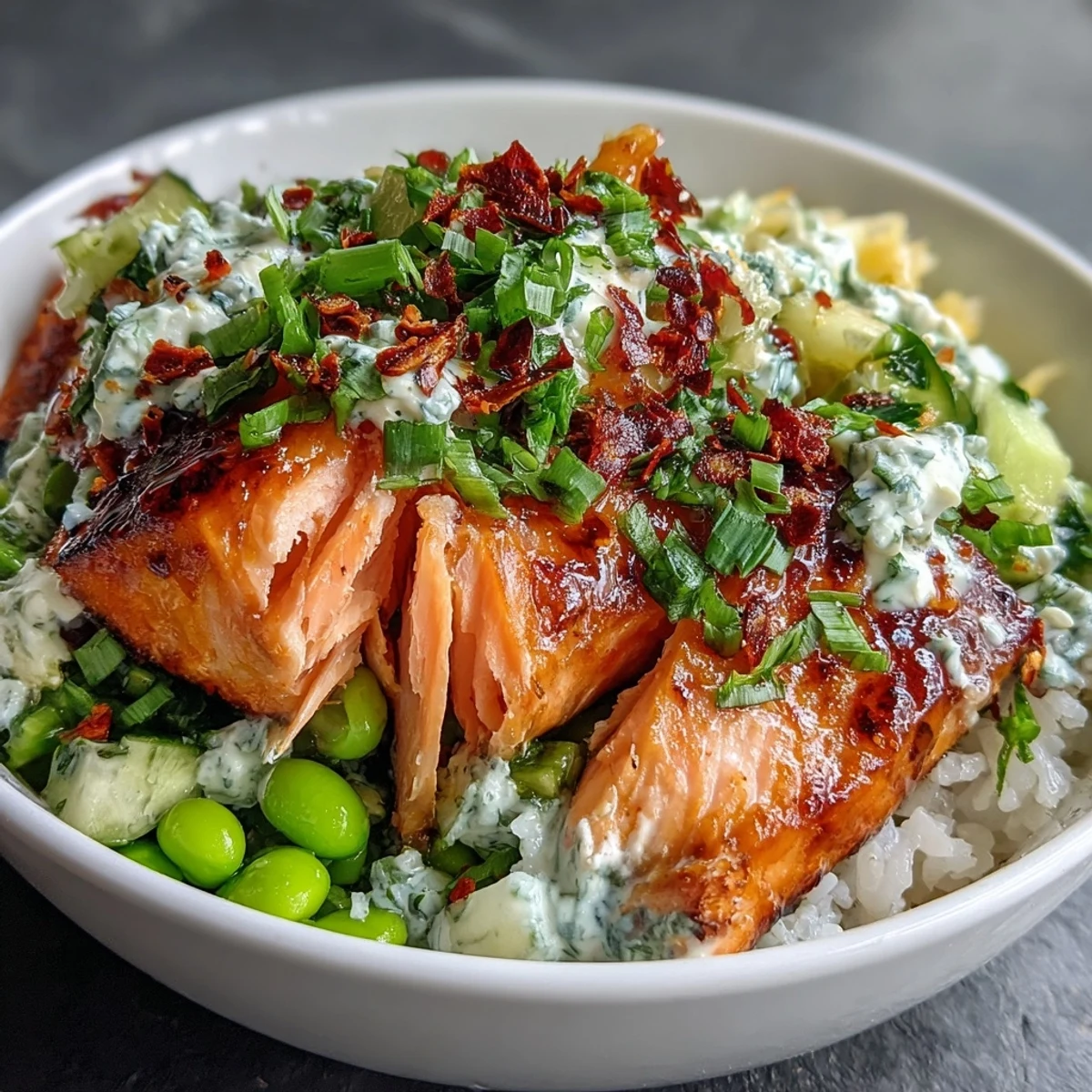 Enjoy vibrant colors in this Asian-inspired salmon bowl, featuring tender fish, fresh salsa, and a sweet chili-lime drizzle.