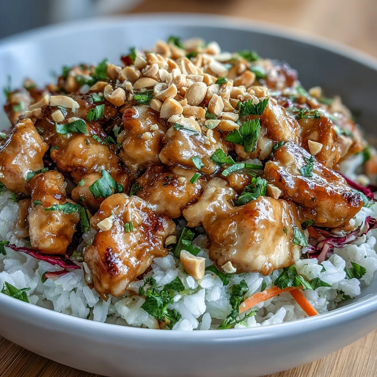 A meal-prep friendly Peanut Chicken Protein Bowl features tender chicken, colorful veggies, and fragrant coconut rice ready for a satisfying high-protein lunch.