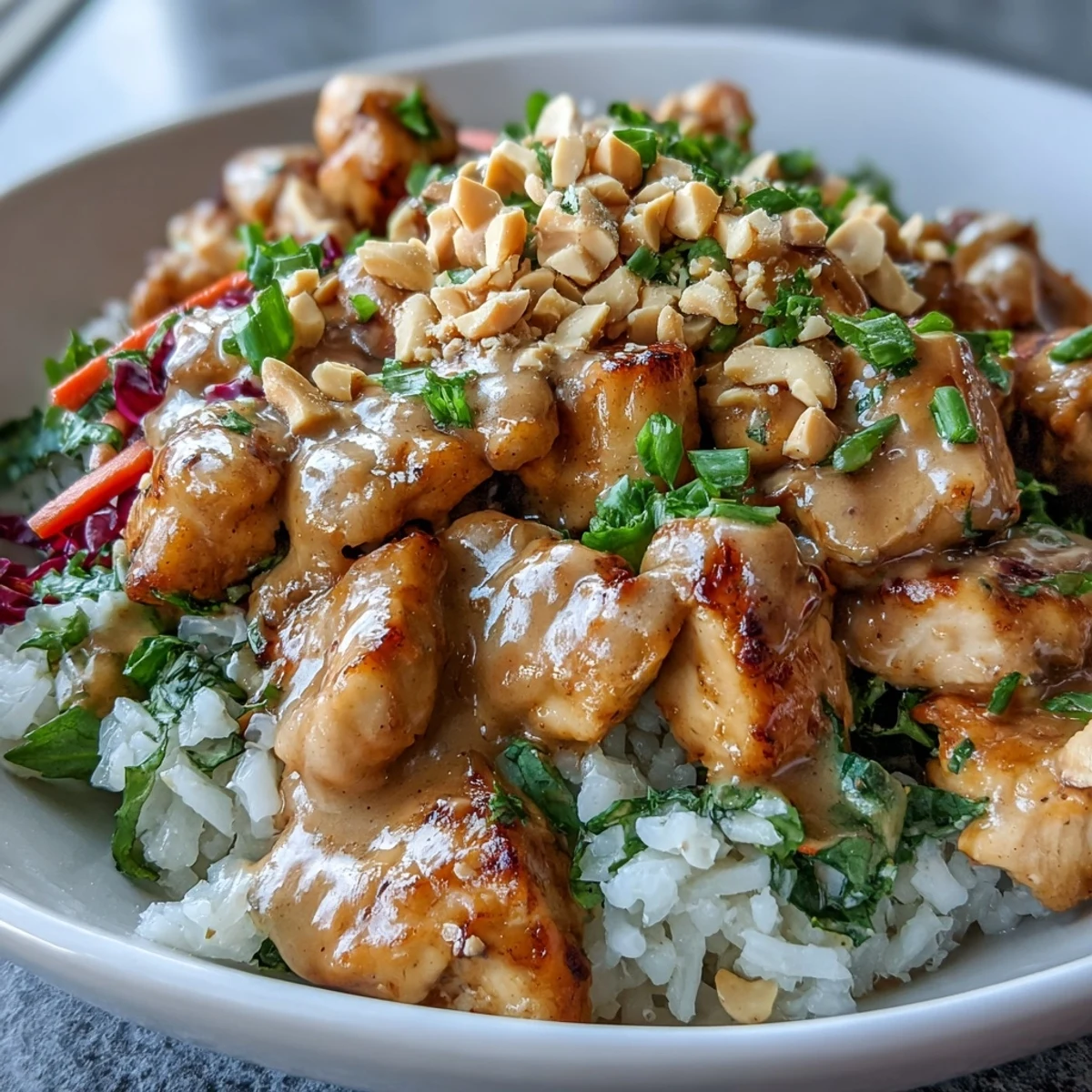 Spoon into a warm Peanut Chicken Protein Bowl with sautéed chicken, crisp carrots, cilantro, and a generous drizzle of rich Thai peanut sauce.