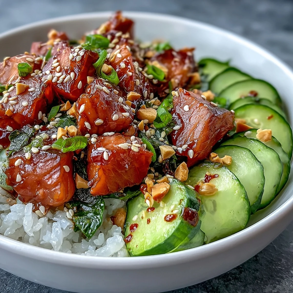 Freshly seared salmon rests on fluffy sushi rice in this Avocado Salmon Bowl, garnished with creamy avocado slices, crisp cucumber, and a drizzle of spicy chili oil.