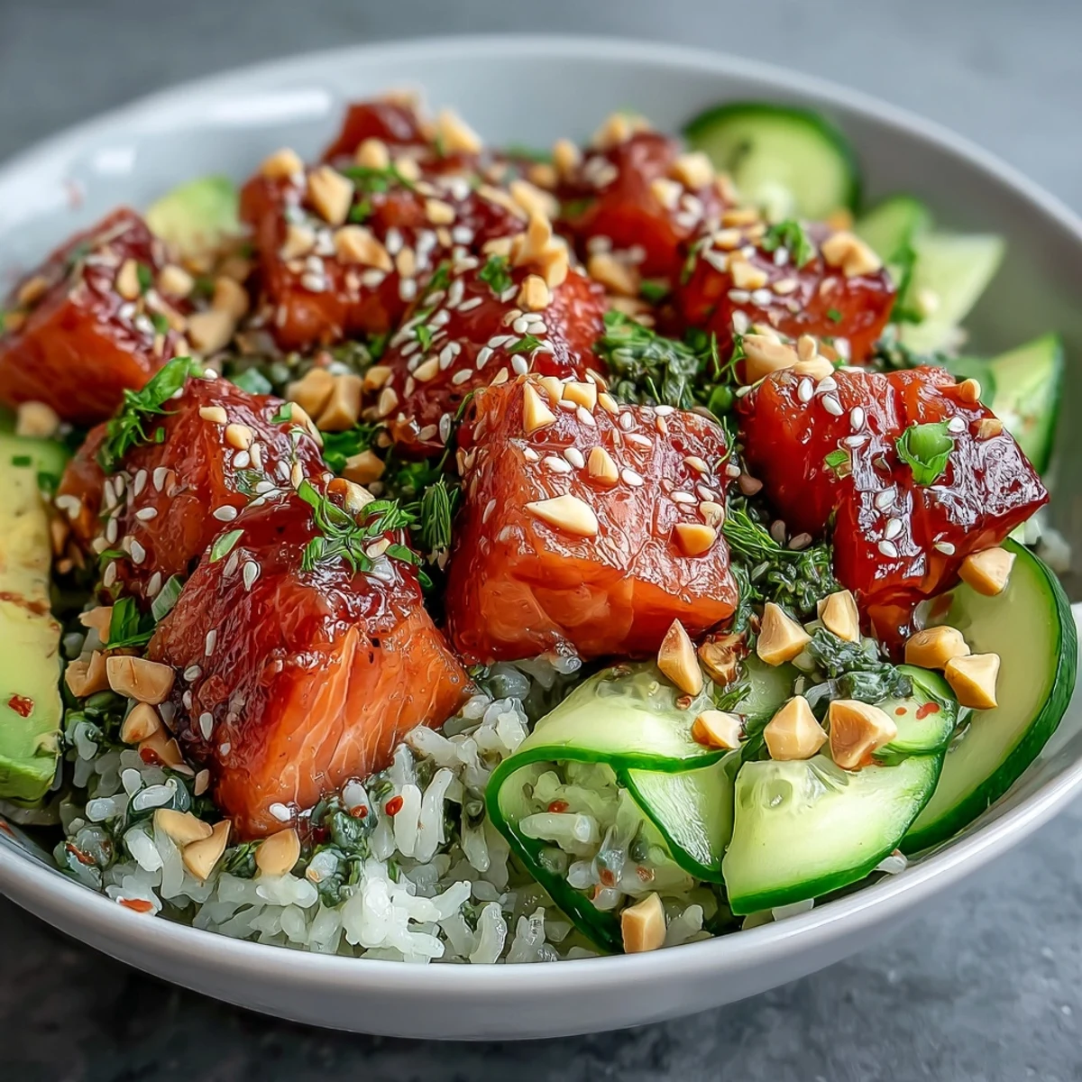 A close-up of an Avocado Salmon Bowl featuring marinated salmon cubes, vibrant spring onions, and a dollop of wasabi, ready to be mixed with umami tamari sauce.