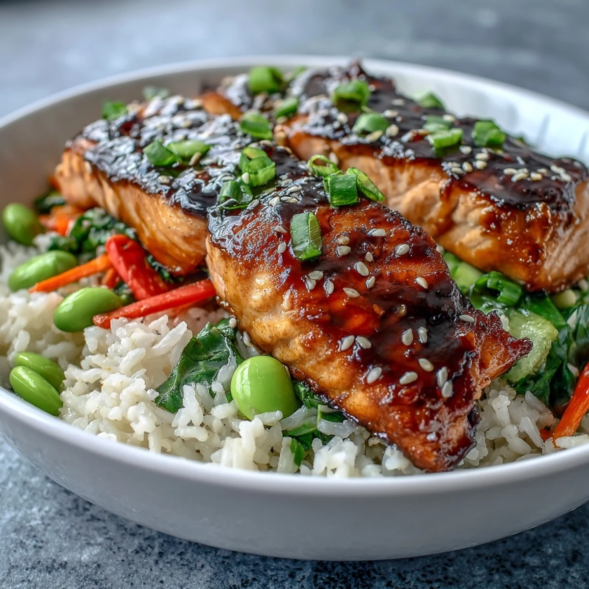 A close-up of an Asian-Inspired Salmon Bowl topped with glazed salmon and fresh veggies over fluffy rice.
