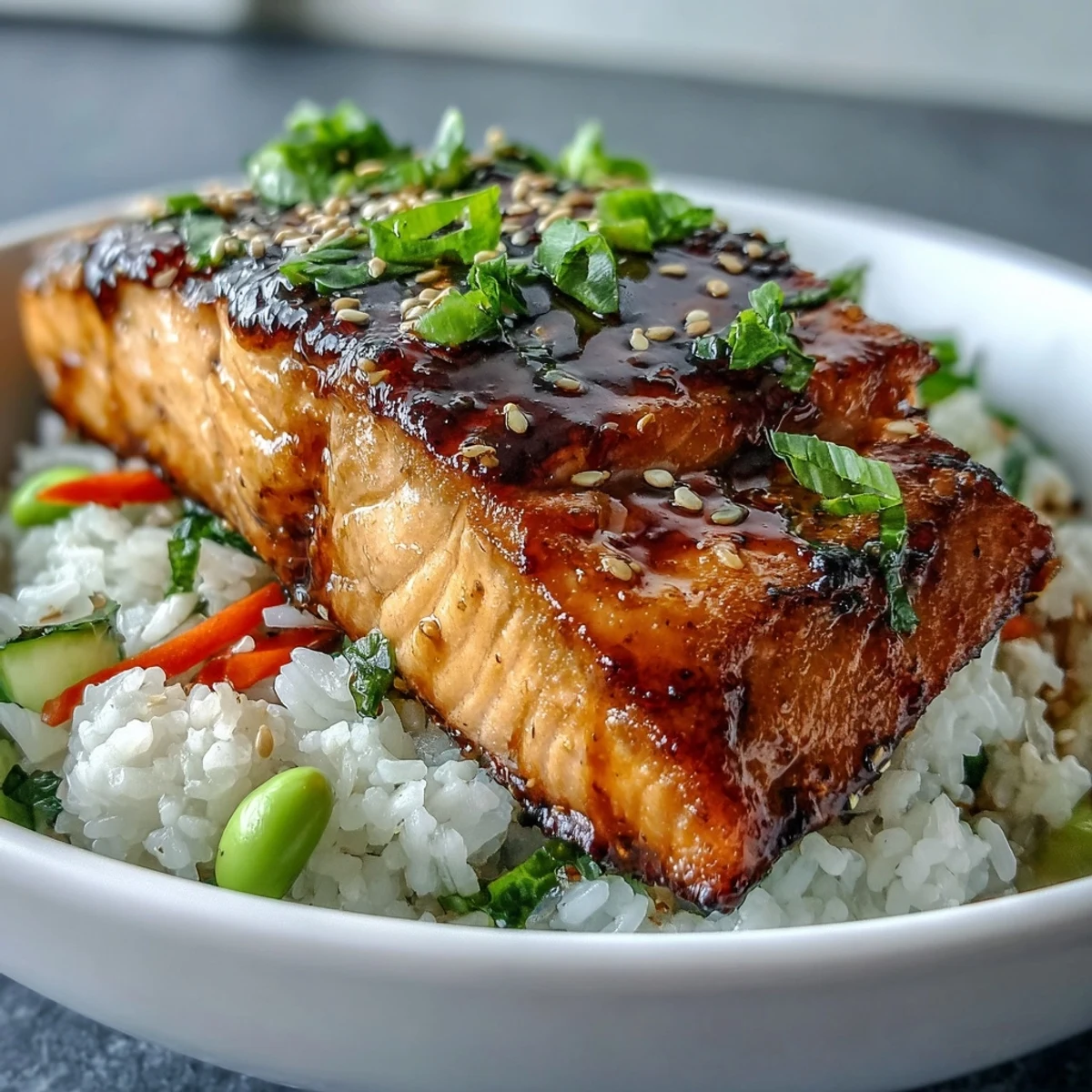 Close-up of an Asian-Inspired Salmon Bowl featuring glazed fillet, crisp julienned carrots, cucumber, and sesame seeds.