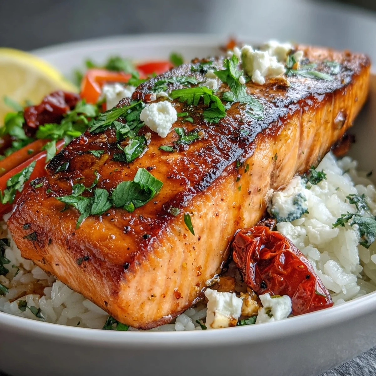 Pan-seared salmon with crispy rice and colorful toppings in a Mediterranean Salmon Bowl.