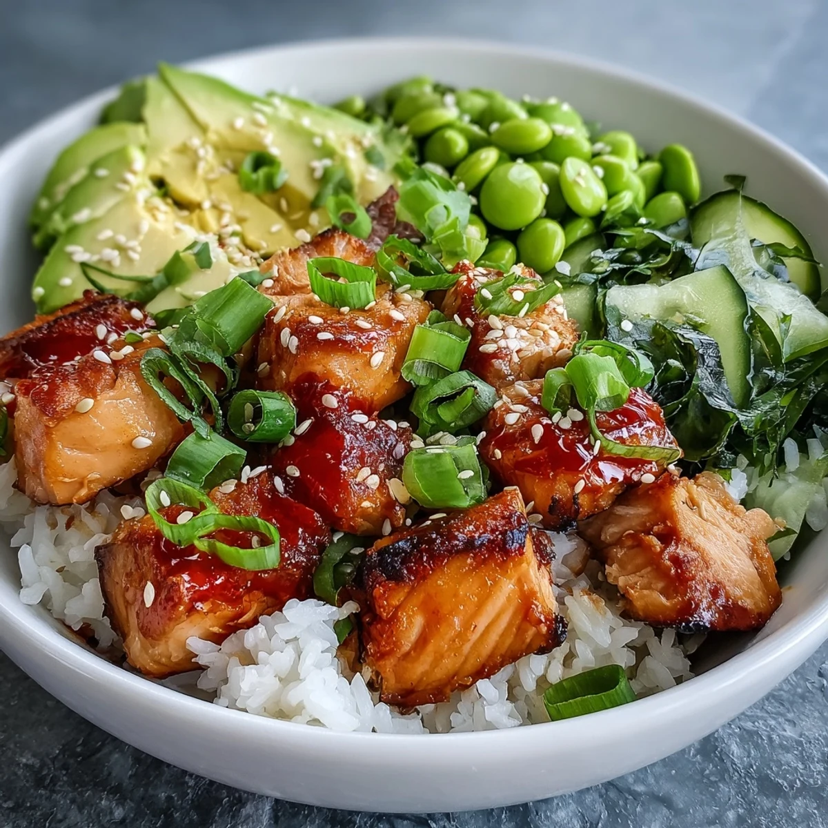 Golden baked salmon cubes glisten atop fluffy jasmine rice in this vibrant Salmon Rice Bowl, garnished with creamy avocado slices.