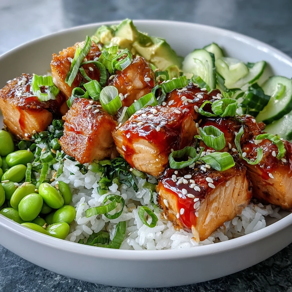 Sriracha mayo drizzles over crisp cucumber and edamame in this freshly assembled Salmon Rice Bowl, served ready for dinner.