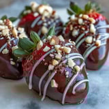 A close-up of freshly dipped chocolate-covered strawberries on parchment, topped with chopped nuts for a festive treat.
