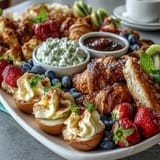 Colorful Easter brunch platter featuring deviled eggs, seasonal fruit, and mini pastries for a joyful morning.  