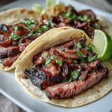 Delicious smoked brisket tacos with tangy pickled red onions, ready to be devoured.