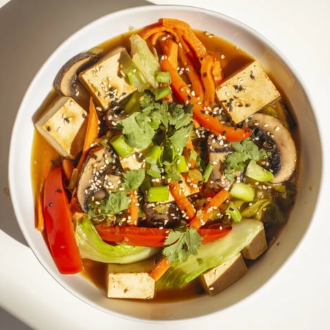 A steaming bowl of Tofu and Vegetable Soup, featuring silken tofu cubes, julienned carrots, and vibrant bok choy in a light ginger broth.