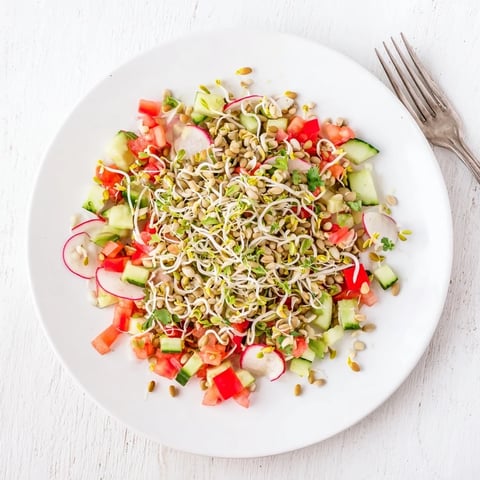 A close-up of vibrant Sprouted Seed Salad with mung bean and alfalfa sprouts, diced red bell pepper, and grated carrot tossed in a light lemon dressing.