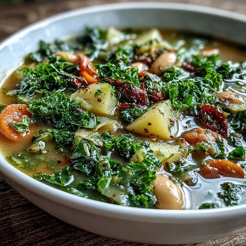 A warm bowl of Kale Soup with tender kale leaves, diced carrots, and creamy cannellini beans swimming in savory broth.