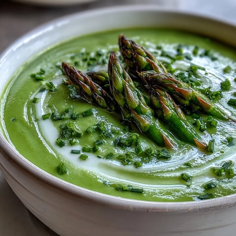 Creamy Asparagus Soup garnished with fresh chives and tender tips, served in a rustic white bowl.