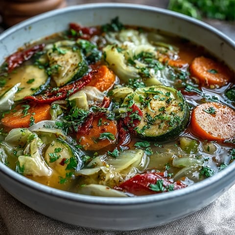 Bowl of steaming Cabbage Soup with tender green cabbage, carrots, and celery in a rich tomato broth, garnished with fresh parsley.