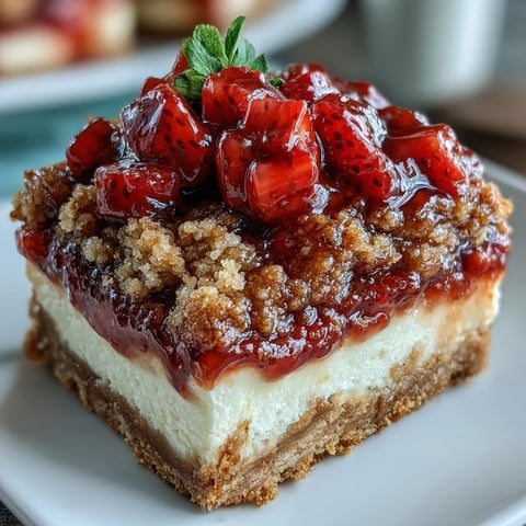 Freshly baked Strawberry Cheesecake Bars with a golden cinnamon streusel topping sit on a white plate.
