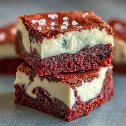 Freshly baked Red Velvet Cheesecake Brownies with vibrant red swirls and creamy cheesecake layers on a marble surface.