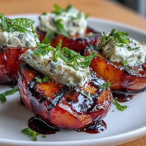 Grilled plums with goat cheese and balsamic glaze on a white platter, topped with fresh mint.
