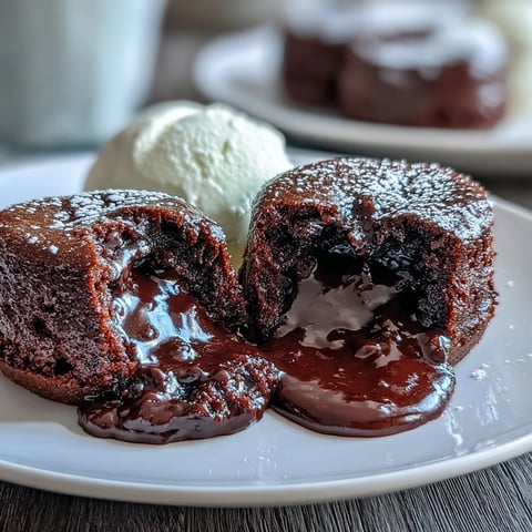 Four warm Chocolate Lava Cakes with Espresso sit on plates, showcasing their rich, molten centers next to a scoop of vanilla ice cream.