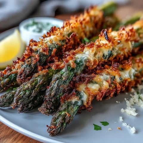 Golden-brown Crispy Asiago Asparagus Spears arranged on a platter with lemon wedges and creamy dip.