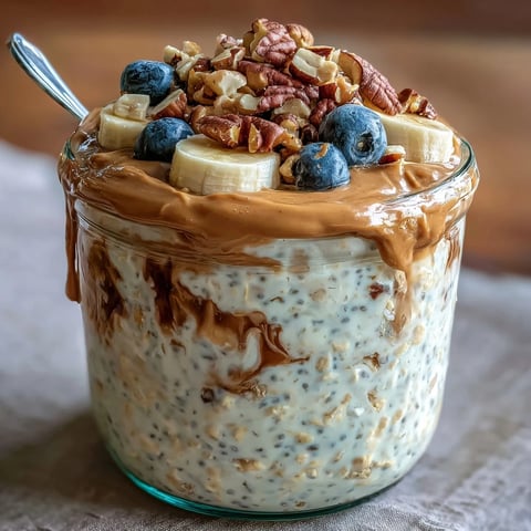 Overnight oats in a jar topped with sliced bananas and chopped peanuts, featuring High-Protein Peanut Butter Overnight Oats.