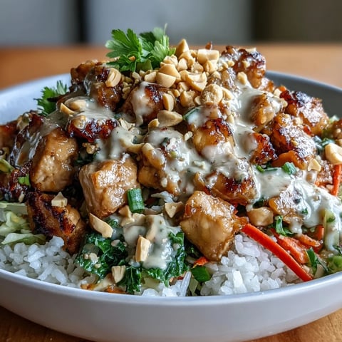 Freshly sautéed chicken and crunchy red cabbage top fluffy coconut rice in this vibrant Peanut Chicken Protein Bowl, drizzled with creamy Thai-inspired peanut sauce.