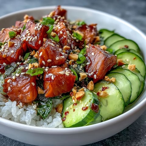 Freshly seared salmon rests on fluffy sushi rice in this Avocado Salmon Bowl, garnished with creamy avocado slices, crisp cucumber, and a drizzle of spicy chili oil.