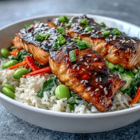 A close-up of an Asian-Inspired Salmon Bowl topped with glazed salmon and fresh veggies over fluffy rice.