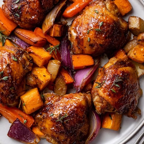 Crisp-skinned Honey-Glazed Chicken with colorful Roasted Root Vegetables, ready from oven to table.