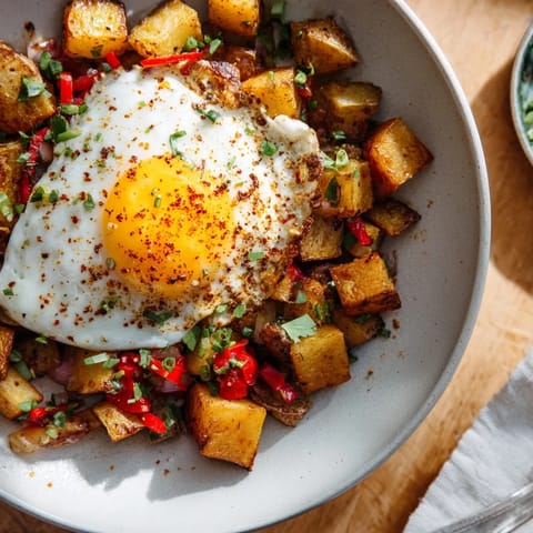 This hearty Simple Skillet Egg and Potato Hash is filled with colorful vegetables, ready to serve and enjoy.