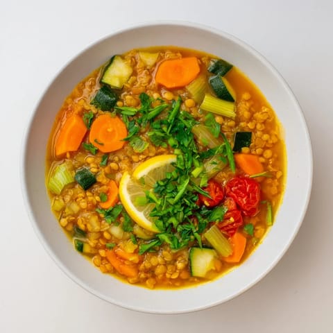 Hearty Simple Homemade Grain and Vegetable Soup, perfect for a cozy fall day, served with crusty bread.