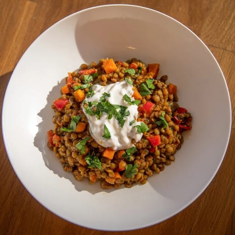 Close-up of a rich, rustic Wheat-Warm Hearty Lentil Curry, perfect for a cozy, comforting dinner.