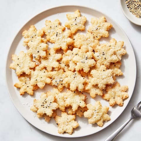 Golden, flaky Gourmet Crackers: Snowflake Cutout Cracker Board arranged beautifully for serving with cheese.