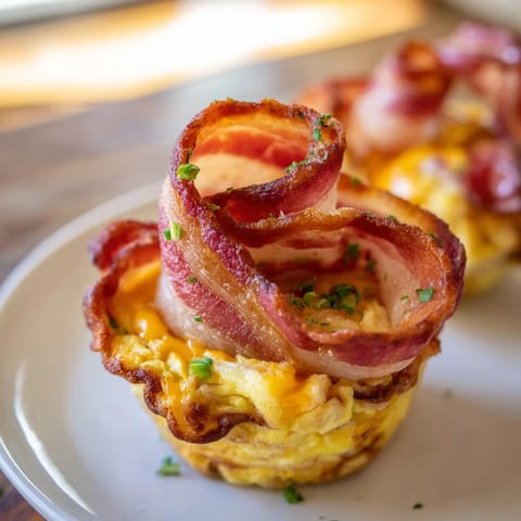 A close-up of cheesy, fluffy Scrambled Egg Cups topped with perfectly cooked bacon strips.
