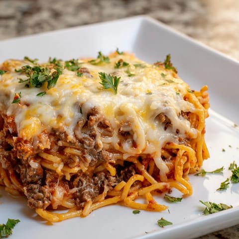 A close-up of Tinis Baked Spaghetti, showcasing a rich, creamy sauce and browned cheese crust.