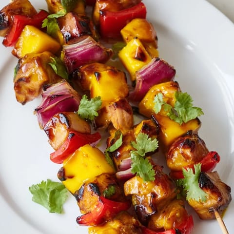 Grilled Mango Lime Chicken Skewers with colorful peppers and onions; a delicious, easy summer meal.