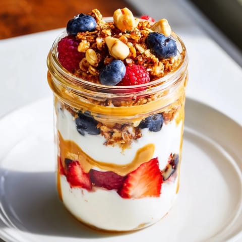 A close-up of a Cashew Butter Yogurt Parfait with crunchy granola and fresh, juicy berries.